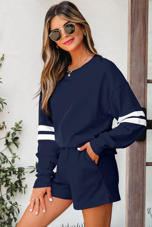 Varsity Stripe Drop Shoulder Crewneck Sweatshirt And Drawstring Shorts Short Set